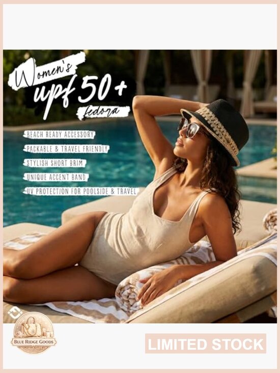 Straw Fedora Hat UPF 50+ Sun Protection Short Brim Packable Beach Hat Woven